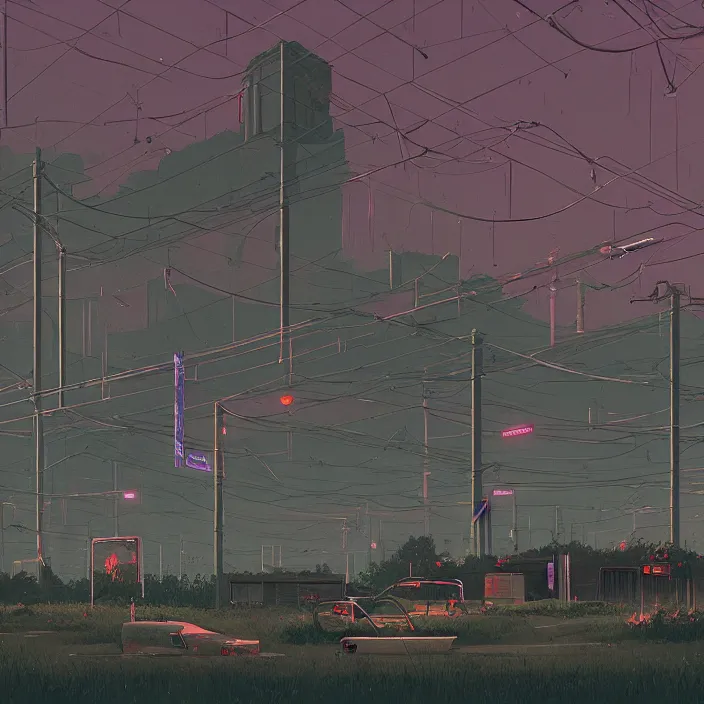 Prompt: a scene from serial experiments lain, by simon stalenhag