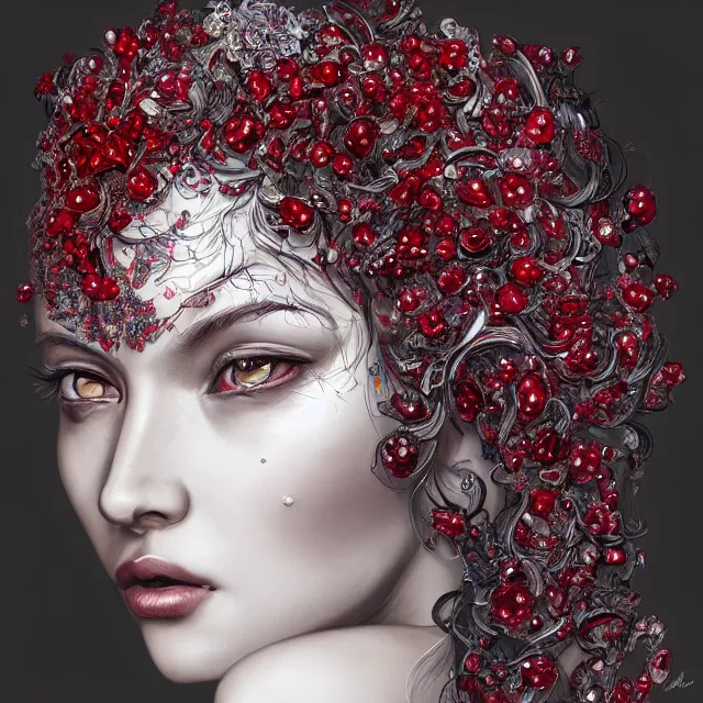 Image similar to studio portrait of absurdly beautiful, elegant, young woman made of rubies and red gems, ultrafine hyperrealistic detailed face illustration by kim jung gi, irakli nadar, intricate linework, sharp focus, bright colors, matte, octopath traveler, final fantasy, unreal engine highly rendered, global illumination, radiant light, intricate environment