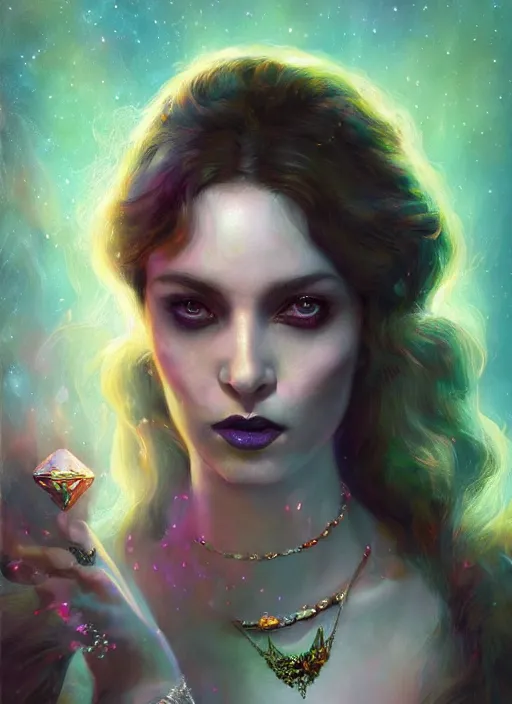 Image similar to tarot!!, pale, beautiful witch made of starlight and opals, jeweled choker, vivid colors, elegant, concept art, sharp focus, beautiful face!!, digital art, Hyper-realistic, 4K, Unreal Engine, Highly Detailed, Dramatic Lighting, Beautiful, by Brom, trending on Artstation, Tom Bagshaw, Sargent