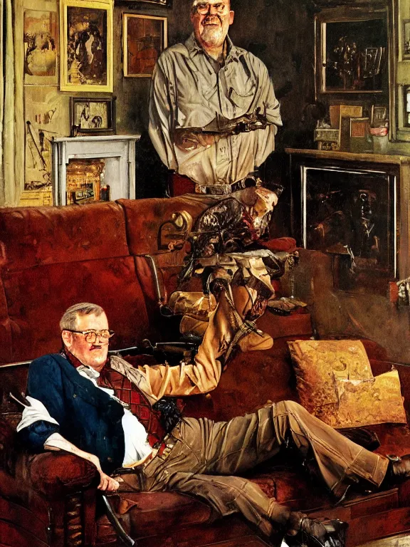 Image similar to portrait of orson scott card sitting on a sofa, in a style blend of norman rockwell and frederick remington and mort kunstler, oil painting, volumetric lighting, intricate details