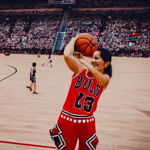Prompt: woman shooting a basketball on court in a chicago bulls jersey