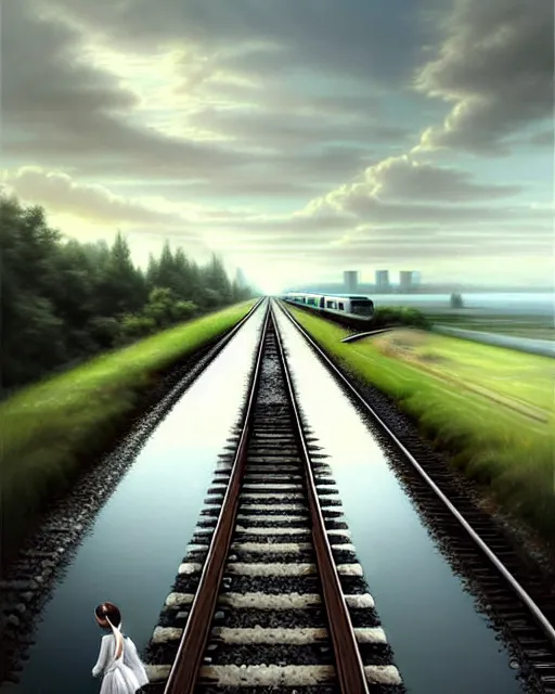 Image similar to shallow reflective water completely covers submerged train tracks that are barely visible as a girl carries her shoes, there is a train station in the distance and large white clouds on a wide horizon, intricate, elegant, highly detailed, digital photo, artstation, concept art, smooth, sharp focus, art by artgerm and greg rutkowski and fra angelico