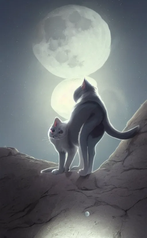 Image similar to a grey cat with blue eyes looks at the moon, volumetric lighting, glowing lights, 4k, octane, digital painting, artstation, concept art, sharp focus, illustration, cinematic film still, art by artgerm and greg rutkowski and alphonse mucha , wide angle view,