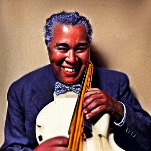 Prompt: realistic photo of old charlie parker at age 7 6, smiling, vintage colorized photo