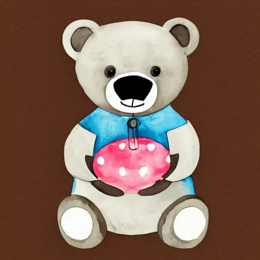 Prompt: watercolor cute animated bear holding birthday balloons, white background,