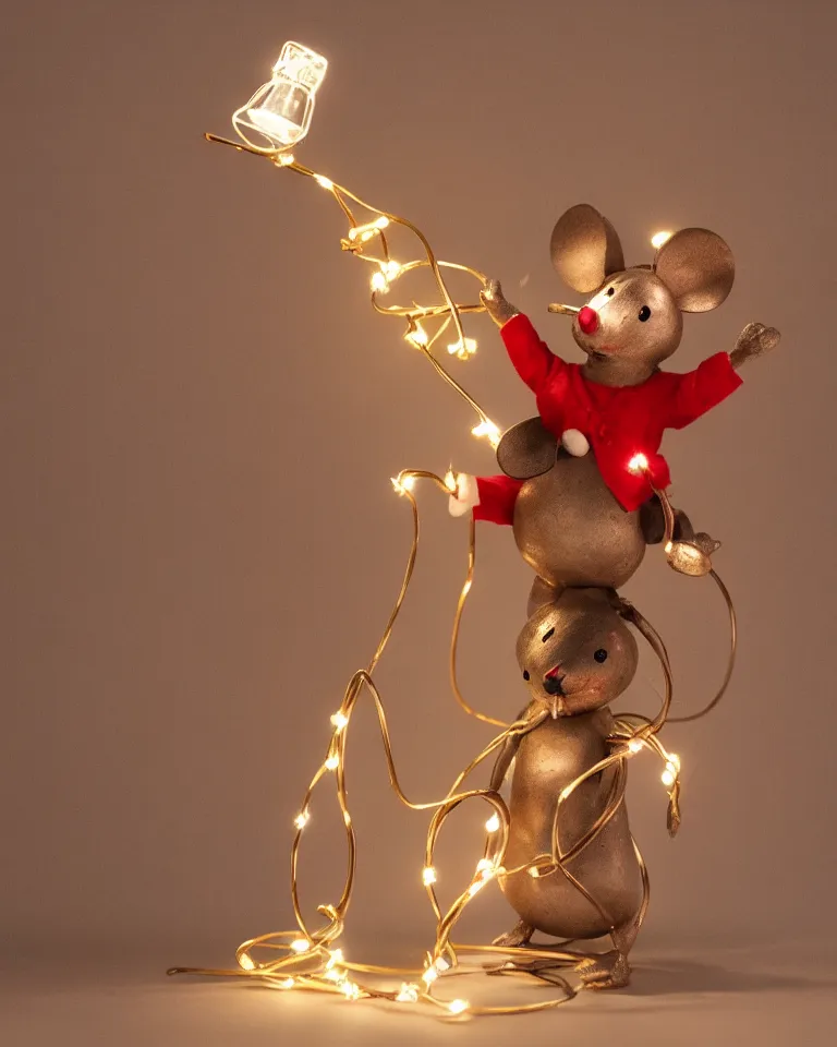 Image similar to a statue of a proud mouse standing on two legs and holding a round bell made of christmas lights and wire, trending on artstation, sigma 5 0, hyper realisitic