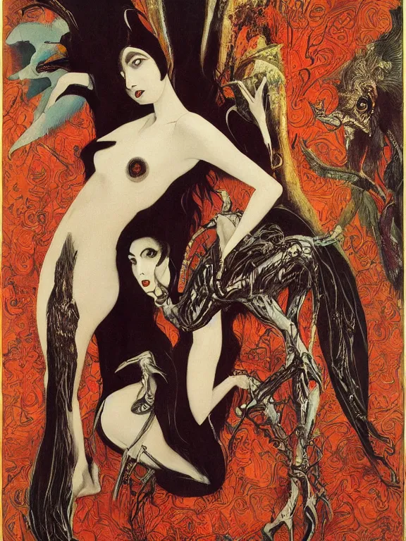 Prompt: a framed movie poster titled Vulvine, representing a dark haired queen Vulvine and Death, oriental, dark fantasy by Saul Bass, by Gustave Moreau, by Georgia O Keeffe