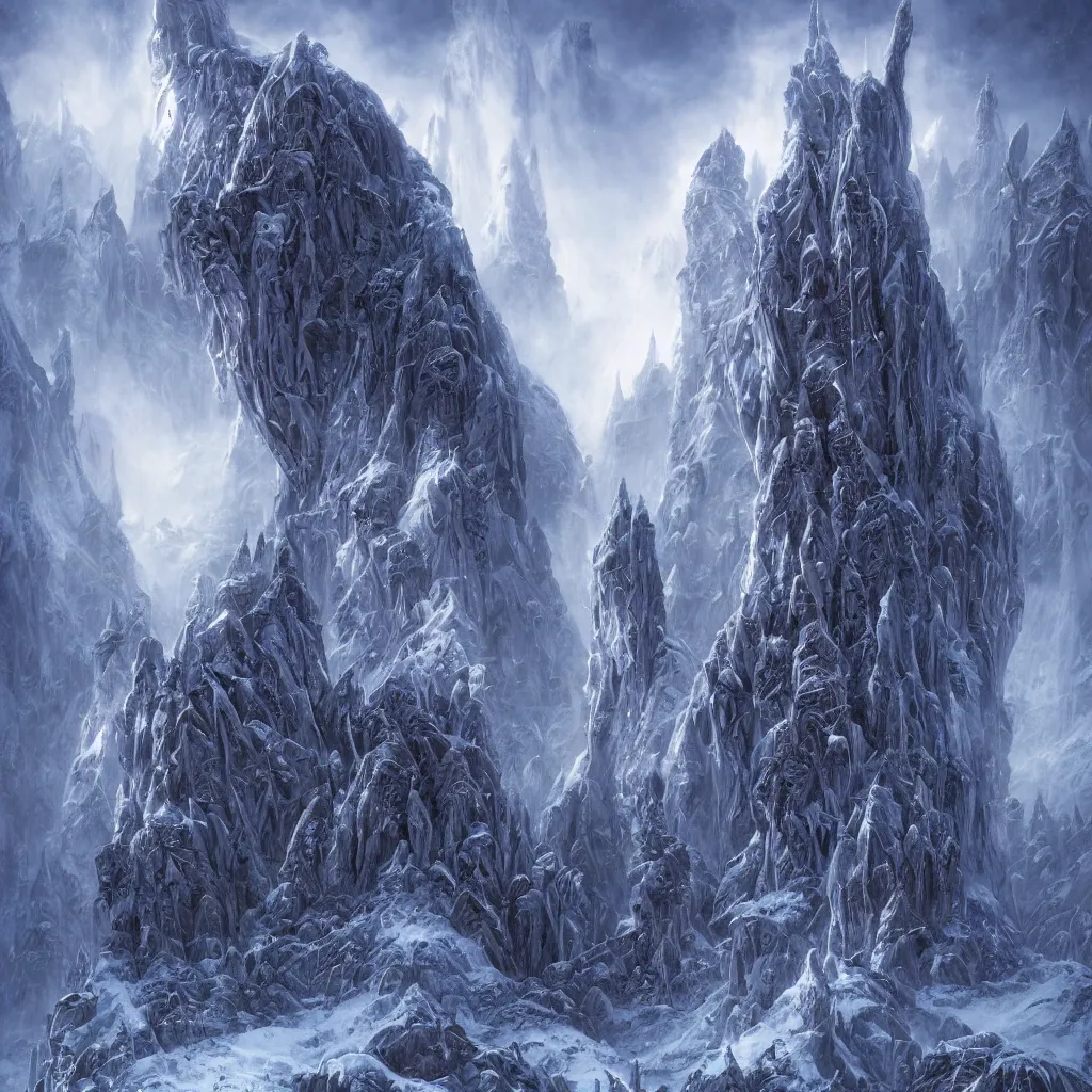 Image similar to frozen ancient alien cityscape in the mountains of antarctica, upward cinematic angle, by rodney matthews, michael kaluta, and john byrne, fantasy art, evil atmosphere, winter night aesthetics, stunning composition, alien faces, monstrous behemoth statues, intricate, strange, elegant, digital art, hyperdetailed towers, colorful hyperrealism, brilliant photorealism, masterpiece, 8k