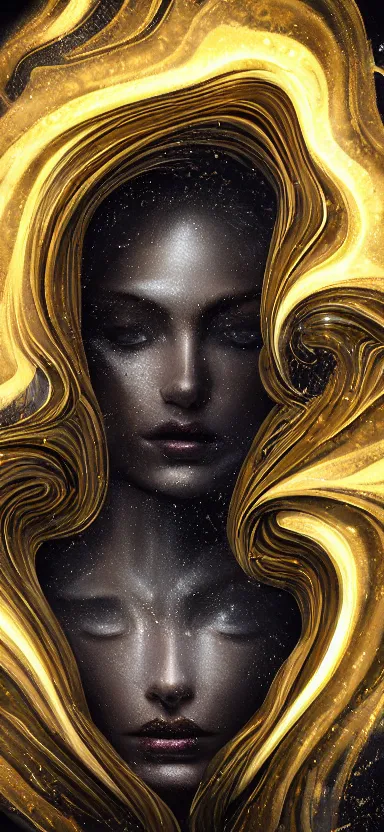 Image similar to epicillustration, abstract sculpture of beautiful female face and black swirling liquifying acrylic portrait, fluffy clouds, glowing edges, golden hour, beautiful light, 3 d sculpture of carving marble, dark colors, dark mood, one point light, golden spirals, clockwork, epic matte painting, concept art, digital painting