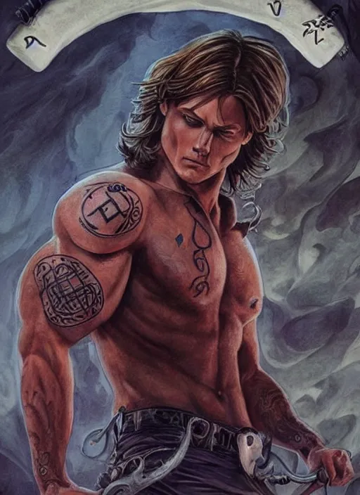 Image similar to handsome! Sam Winchester as a muscular whole body tattooed with runes and religious symbols, urban fantasy romance book cover, D&D!, fantasy style, sharp focus!, ultra detailed, art by Artgerm and Peter Andrew Jones, WLUP