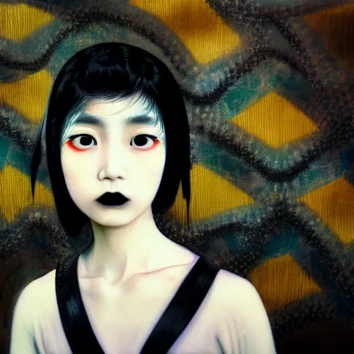 Image similar to yoshitaka amano blurred and dreamy realistic three quarter angle portrait of a young asian woman with black lipstick and black eyes wearing dress suit with tie, junji ito abstract patterns in the background, satoshi kon anime, noisy film grain effect, highly detailed, renaissance oil painting, weird portrait angle, blurred lost edges