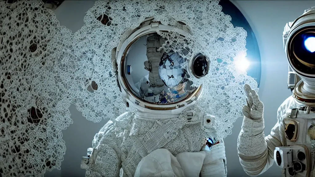 Image similar to a single astronaut eva suit interwoven with diamond 3d fractal lace iridescent bubble 3d skin and covered with insectoid compound eye camera lenses floats through the living room, film still from the movie directed by Denis Villeneuve with art direction by Salvador Dalí, wide lens,