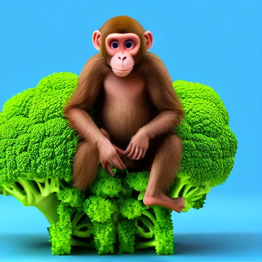 Image similar to 3d render of a monkey sitting on a giant piece of broccoli