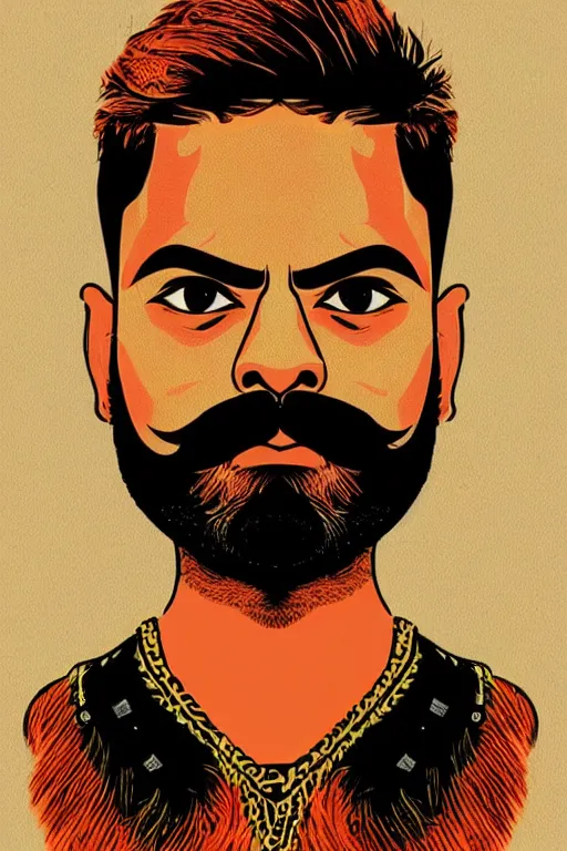 Image similar to portrait of an indian man with moustache and beard like virat kohli, art by butcher billy, sticker, colorful, illustration, highly detailed, simple, smooth and clean vector curves, no jagged lines, vector art, smooth