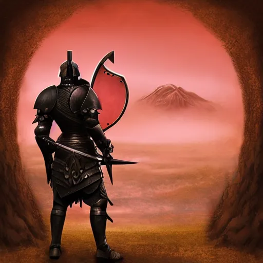 Image similar to Silhouette of a male warrior wearing knight armor holding a sword and shield, facing away towards a mountain in the distance, digital art, digital painting, matte painting, very beautiful, highly detailed, fantasy artwork, dnd