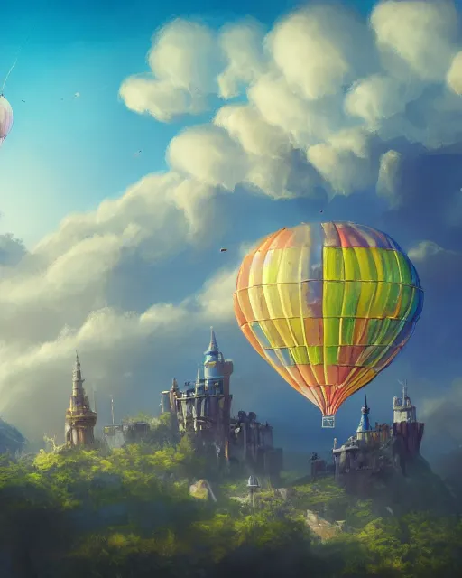 Prompt: flying cloud castle, buildings, baloons, machines, bright, blue sky, mountains, colorful, cinematic lighting, fantasy, high detail, illustration, masterpiece, artstation, 4 k, art by wylie beckert and jana schirmer