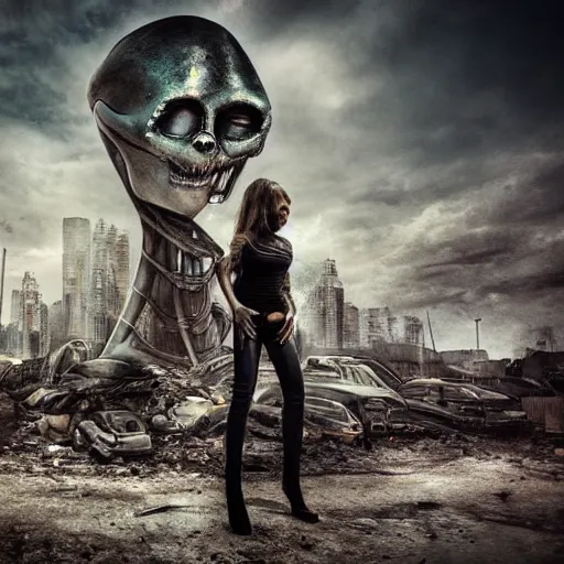 Image similar to pretty face, wide angle lens, photorealistic, 4k, background of destroyed city post apocalyptic, steakpunk, soft lighting, portrait, style of giger, GIGER, horror alien giger