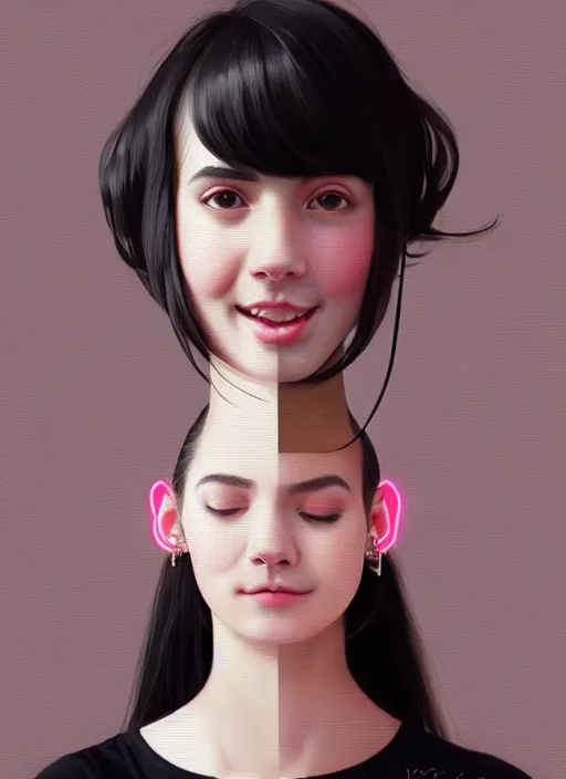 Image similar to portrait of high school girl, realistic, black hair, bangs, half updo hairstyle, pointy nose, skinny, smile, ugly, defined jawline, big chin, hair bow, earrings, intricate, elegant, glowing lights, highly detailed, digital painting, artstation, sharp focus, illustration, art by wlop, mars ravelo and greg rutkowski