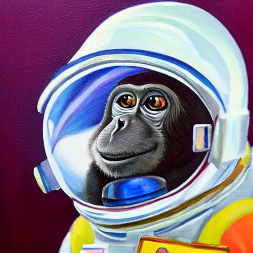 Image similar to an oil painting of a monkey wearing a spacesuit