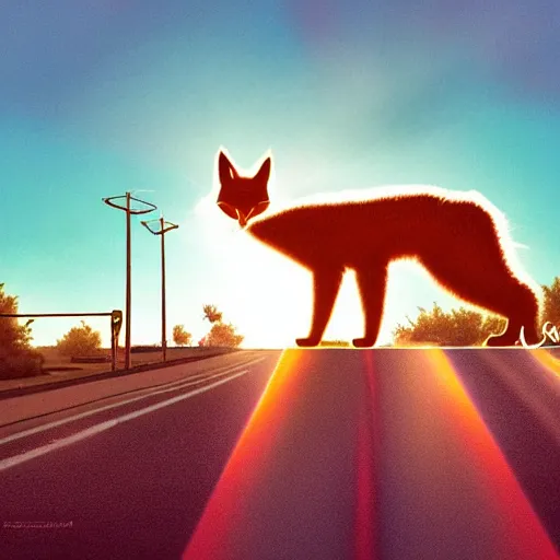 Image similar to a cute fluffy caracal in a sunset light landscape with historical route 6 6, lots of sparkling details and sun ray ’ s, blinding backlight, smoke, volumetric lighting, colorful, octane, 3 5 mm, abandoned gas station, beautiful epic colored reflections, very colorful heavenly, softlight