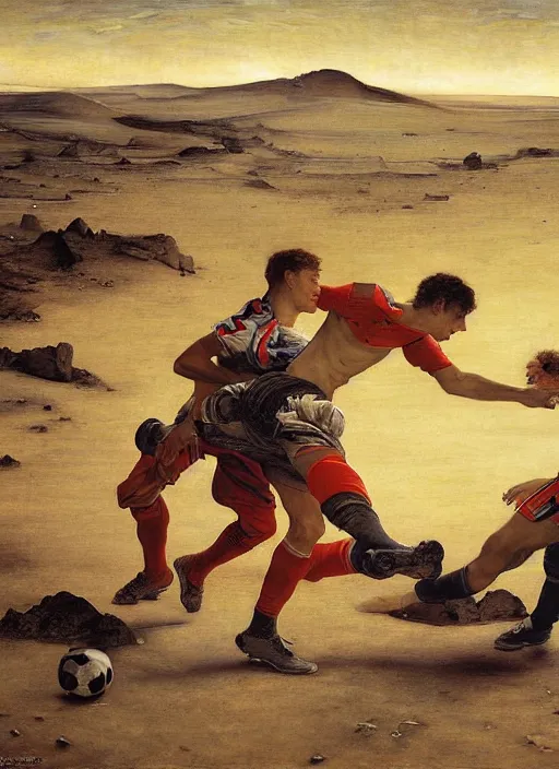 Image similar to a soccer match on mars by edgar maxence and caravaggio and michael whelan and delacroix style, artistic, intricate painting, cinematic lighting, hyper realistic, extremely detailed, establishing shot, 8 k resolution, dramatic lighting