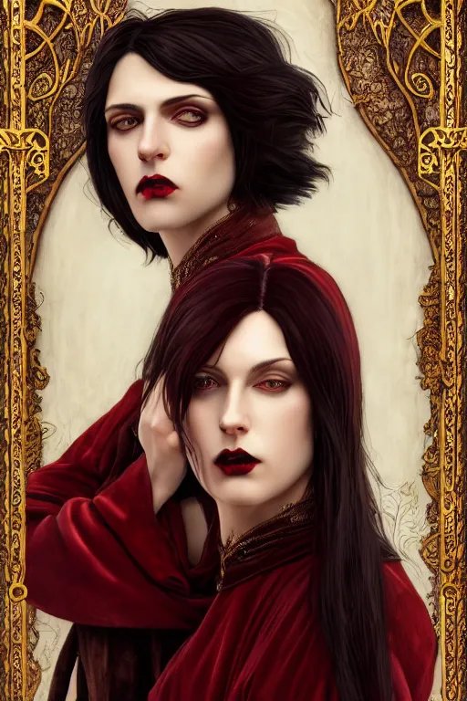 Image similar to a beautiful androgynous man, long thick dark hair, deep brown eyes, vampire, dressed in velvet, wearing a ruby pendant, illustration, dramatic lighting, soft details, painting oil on canvas, art nouveau, octane render, HDR, 4k, 8k, HD, by Edmund Blair Leighton, Brom, Charlie Bowater, faces by otto schmidt