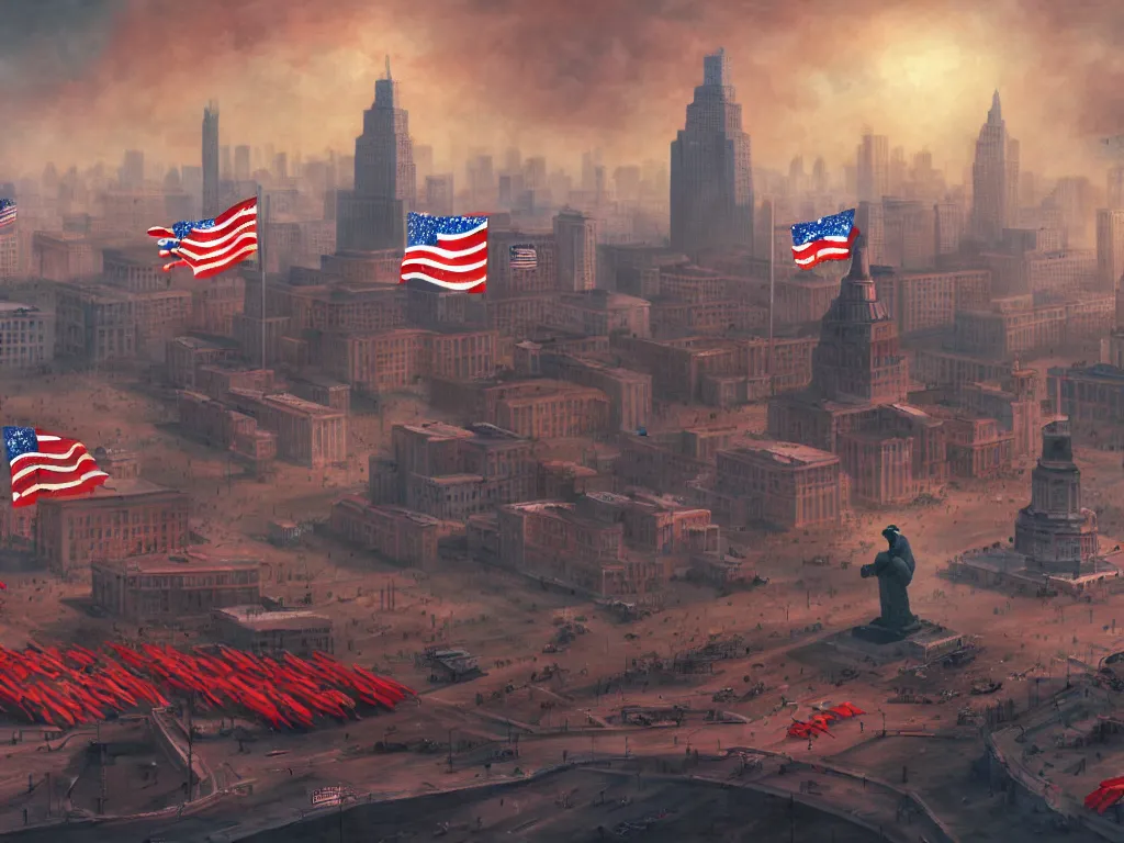 Image similar to landscape matte painting of a communist american state capital showing the triumph of communism in america, socialist american state flags, socialist statues, digital painting, modern city scape, conflict, camaraderie, sacrifice, hope, highly detailed, 4 k, artstation, photorealistic, architecture, america 2 0 9 8 by fan wennan