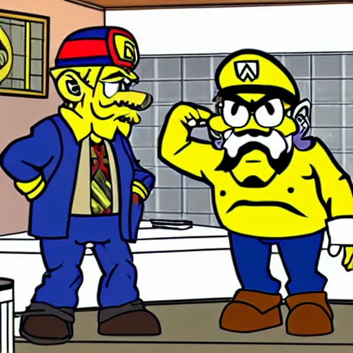 Prompt: Wario from WarioWare meets Walter White for the first time, still from the show Breaking Bad