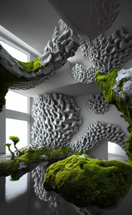 Image similar to highly detailed ultra sharp 3 d render villa interior cinematic composition of a smooth ceramic porcelain biomorphic magnolia stone nebula fluid fractal sci - fi surreal architecture landscape, granite, metallic, magnesium, marble, moss and lichen, vincent callebaut composition, mamou - mani, archviz, beautiful lighting, 8 k, unreal engine, hdr,