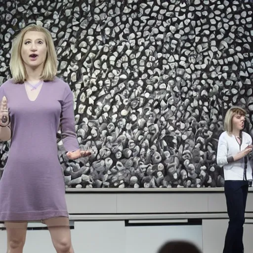 Image similar to photograph of a female mark zuckerberg giving a keynote speech on apple park