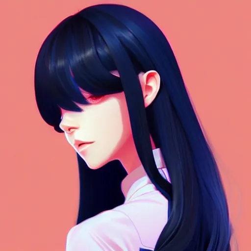 Image similar to urban high school girl in shirt fanart, dark blue long hair, muted colors, matte print, pastel colors, ornate, digital art, digital painting, fan art, elegant, artstation, by Ilya Kuvshinov