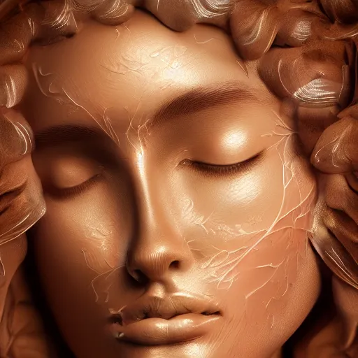 Image similar to beatifull face portrait of a woman, 150 mm, anatomical, flesh, flowers, mandelbrot fractal, facial muscles, veins, arteries, intricate, golden ratio, full frame, microscopic, elegant, highly detailed, ornate, ornament, sculpture, elegant , luxury, beautifully lit, ray trace, unreal, 3d, PBR, in the style of peter Gric , alex grey and Romero Ressendi