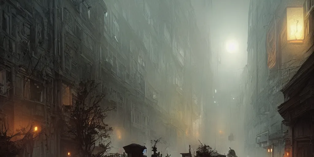 Image similar to A deserted street in a deserted decayed modern town, fog, dark fantasy, dystopia, intricate, highly detailed, digital painting, artstation, concept art, sharp focus, illustration, art by greg rutkowski and alphonse mucha