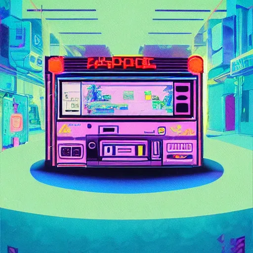 Image similar to a painting of an abandoned video game system, vaporwave arcade, weeds, cyberpunk art by Chris LaBrooy and james gurney, behance contest winner, auto-destructive art, dystopian art, apocalypse landscape, apocalypse art