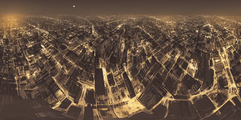 Image similar to a big industrial city metropoli in the distance, cloudy dark sky, it's late at night the moon and the milky way shine, dead bodies are scattered over the city, 3 6 0 render panorama