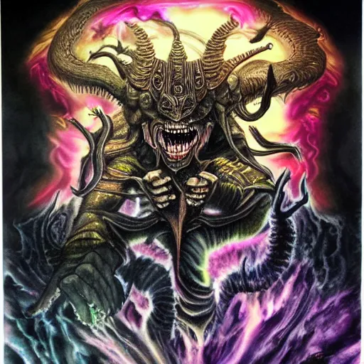 Image similar to marduk, devourer of worlds, detailed airbrush ink art in dark and muted colors art by oda eiichiro on dmt and shrooms