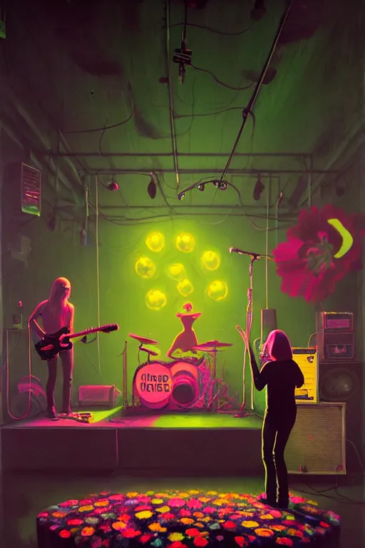 Image similar to the velvet underground and nico playing live on stage at a night club, beautiful stage decoration with flowers in the background, painting by simon stalenhag, very detailed and colorful and toned down and ornamental and moody and cool and relaxed and high on drugs, trending on artstation, behance contest winner