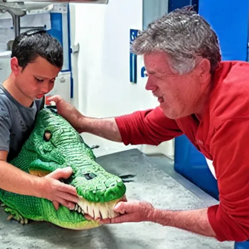 Prompt: A man milks a crocodile