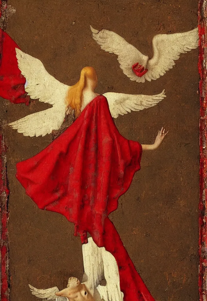 Image similar to Flying Fallen Angel with wings dressed in red, Medieval painting by Jan van Eyck, Johannes Vermeer, Florence