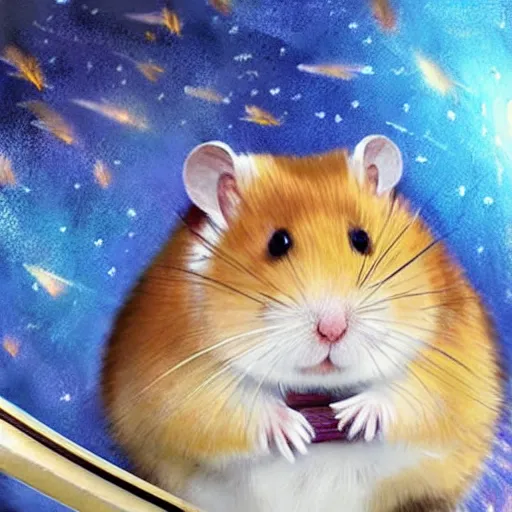 Prompt: japanese hamster samurai. with long sword. anime art. painting. rain of meteors on background. hyper realistic image