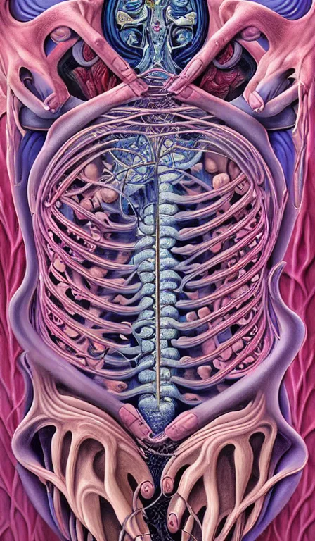 Prompt: a biomorphic painting of the high priestess tarot card, a anatomical medical illustration by nychos and alex grey, cgsociety, neo - figurative, pastel blues and pinks, detailed painting, rococo, oil on canvas, lovecraftian