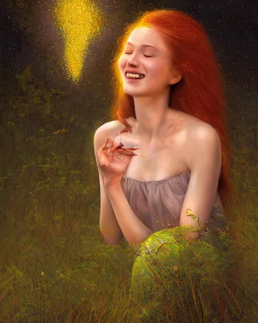 Prompt: a young woman, smiling, amazed by the lights of golden fireflies, sitting in the midst of nature fully covered, long loose red hair, intricate linework, dreamy green eyes, small nose with freckles, oval shape face, realistic, expressive emotions, dramatic lights, spiritual scene, hyper realistic ultrafine digital art by james jean and albert bierstadt