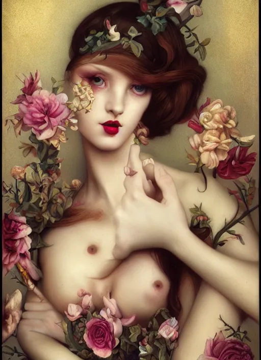 Prompt: pop surrealism, lowbrow art, realistic seductive woman painting, preraphaelites, hyper realism, muted colours, rococo, natalie shau, loreta lux, tom bagshaw, mark ryden, trevor brown style,