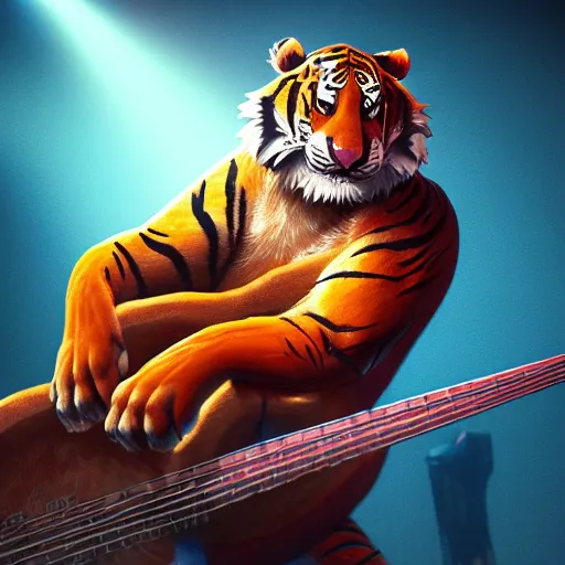 Prompt: illustration of a anthropomorphic tiger in a rock outfit strumming an electric guitar, dslr, 8 k, octane beautifully detailed illustration, cold lighting, cinematic lighting, detailed poster, masterpiece, volumetric lighting, ultra realistic, highly detailed, high quality, lossless