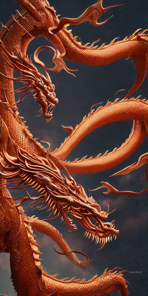 Image similar to a beautiful obverse portrait render of a single huge chinese dragon, mechanical, metal, fine texture structure, hyper detailed, perfect shadows, atmospheric lighting, 3 d render, the style of pascal blanche and sparth juan zigor samaniego, paul pepera pablo roldan, victo ngai, denoise, from china, 4 k hd