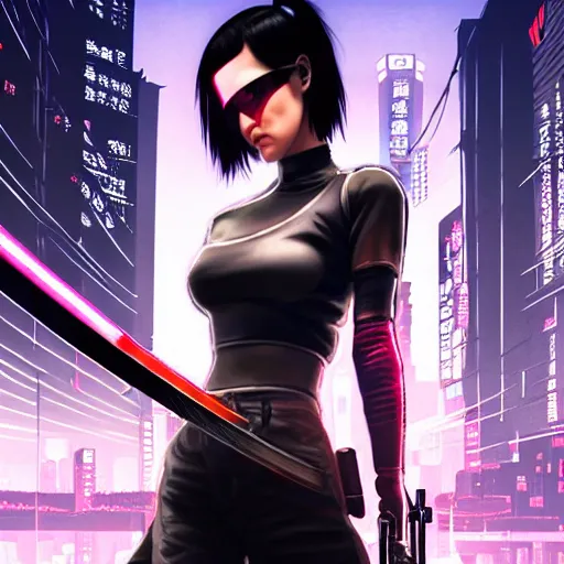 Prompt: beautiful female with katana, short black hair, cyberpunk 2077, city background, rainy night, neon glow concept art, sharp focus, intricate, digital painting, artstation, official media, anime key visual, highly detailed, rich vivid colors ambient lighting, illustration, art by Artgerm, Makoto Shinkai, Ilya Kuvshinov, Lois Van Baarle and Rossdraws