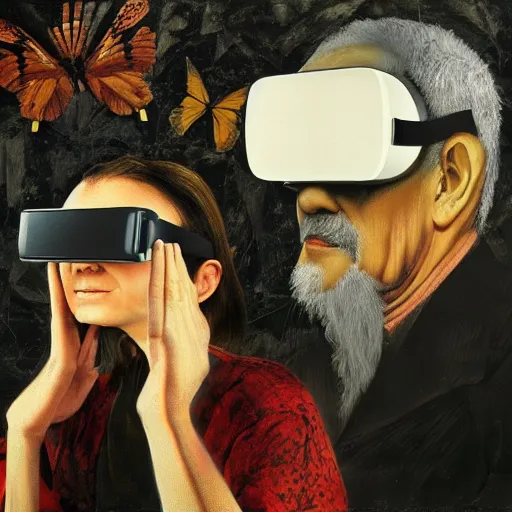 Prompt: a ( ( ( ( thrush bird ) ) ) ) and a naive latin philosopher woman using virtual reality glasses, oil on canvas by dave mckean and ivan shishkin