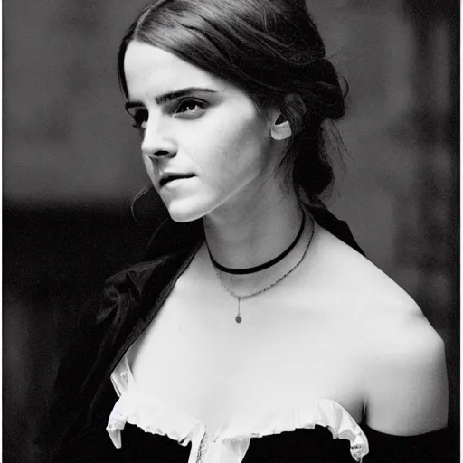 Prompt: emma watson 1 8 0 0 s in a busy saloon, black - and - white photo,