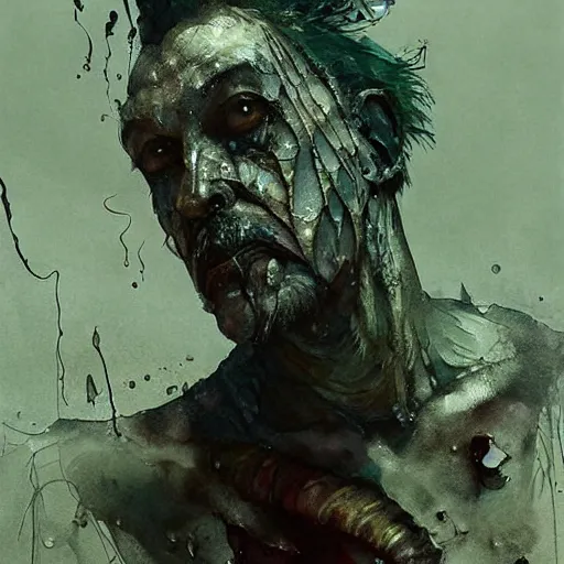 Image similar to mutant fishman sailor old man with gills and scales from the ocean by emil melmoth zdzislaw beksinki craig mullins yoji shinkawa realistic render ominous detailed photo atmospheric by jeremy mann francis bacon and agnes cecile ink drips paint smears digital glitches glitchart