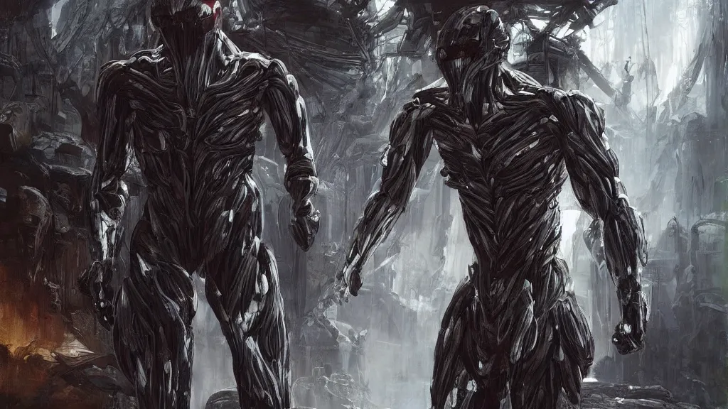 Prompt: a human wearing crysis nanosuit with powerful biological muscle augmentation, head visible, post - apocalyspe settlement with houses, hydroponic farms, cave entrance, at dawn, painted by tsutomu nihei, painted by artgerm and greg rutkowski